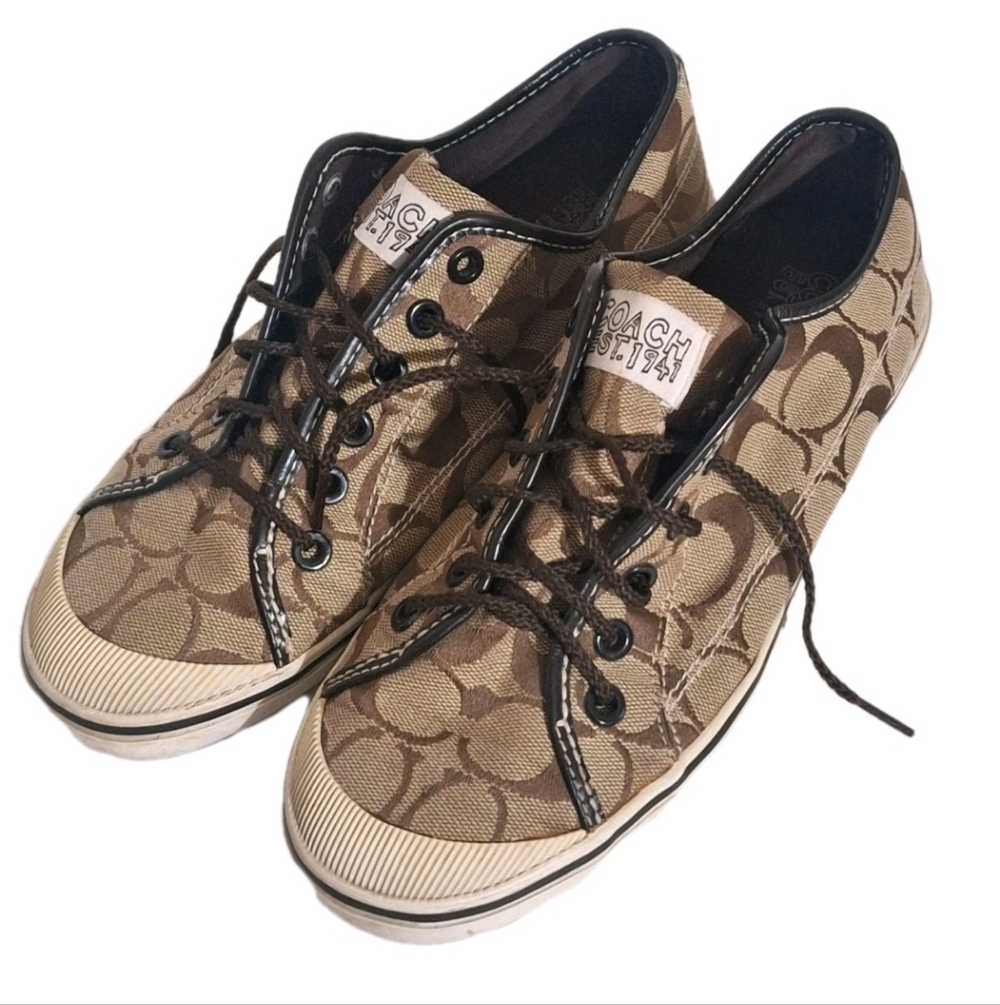 Coach KIRA Sneakers Signature C Logo Brown Tan Lace Up A1638 Women's Size 7.5 B